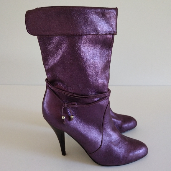 *NaNa Metallic Purple Leather Heeled Pull On Boots Vintage 10 - Picture 1 of 14